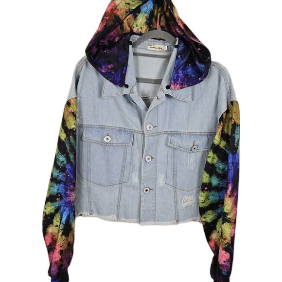 Upcycled Denim Cropped Jacket Thrashed Tie Dye Sleeves Detach Hood 50" Chest - Picture 1 of 13